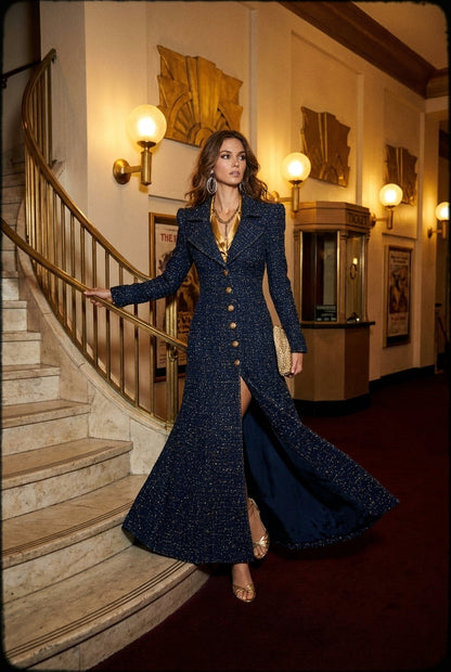 Women's Tailored Tweed Overcoat in a Maxi Coat Length - Navy