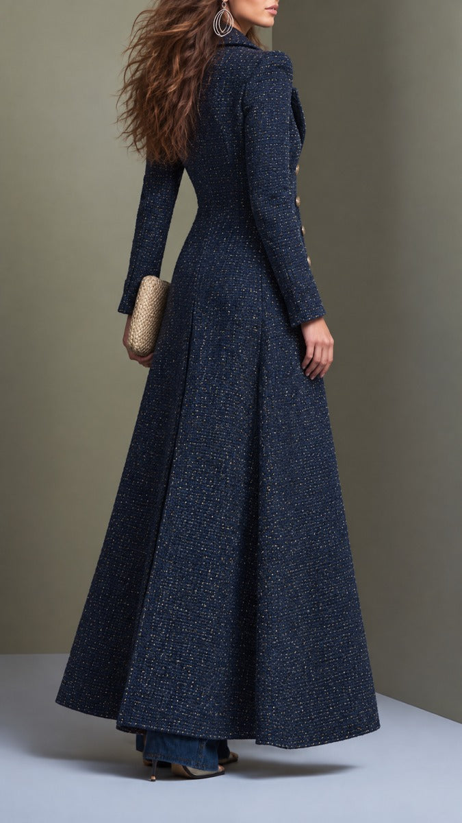 Women's Tailored Tweed Overcoat in a Maxi Coat Length - Navy