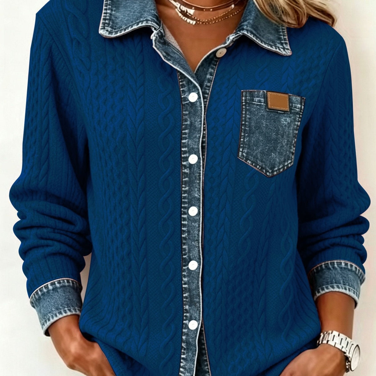 Women's Textured Contrast Pocket Button-Up Top - Blue