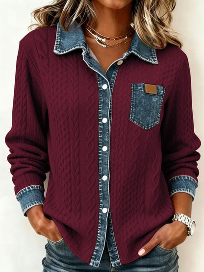 Women's Textured Contrast Pocket Button-Up Top - Burgundy