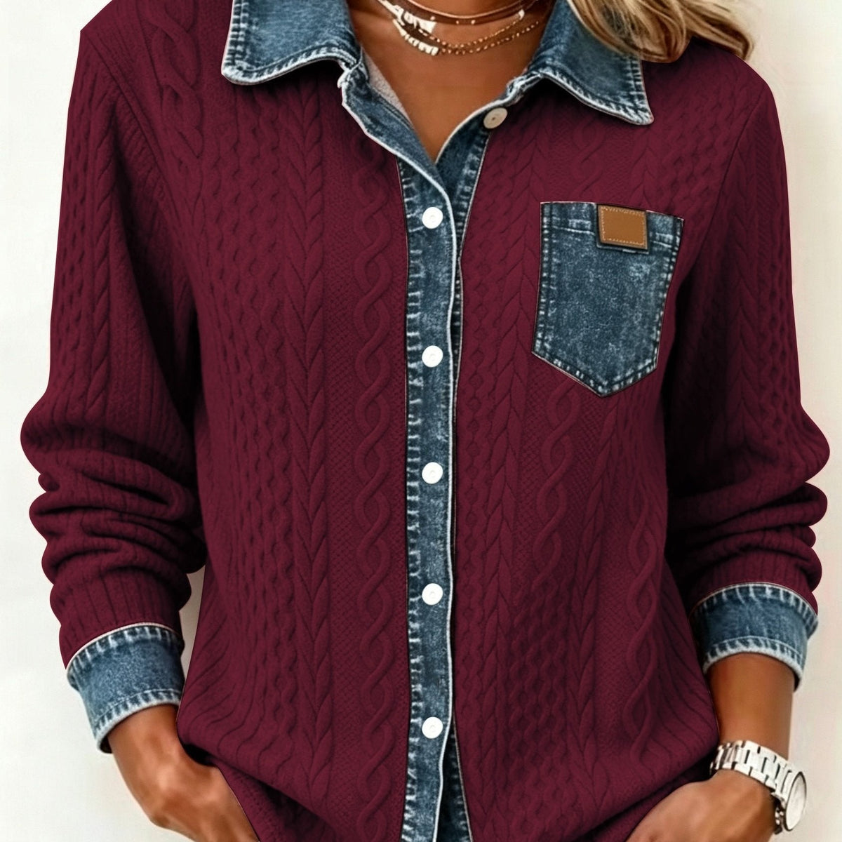 Women's Textured Contrast Pocket Button-Up Top - Burgundy