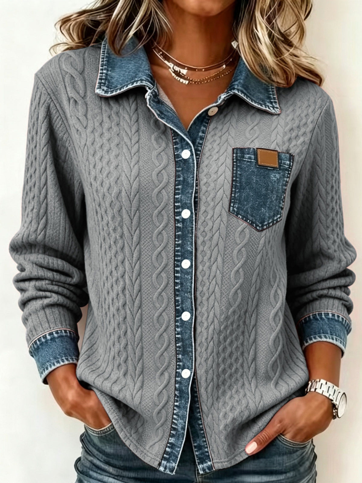 Women's Textured Contrast Pocket Button-Up Top - Gray
