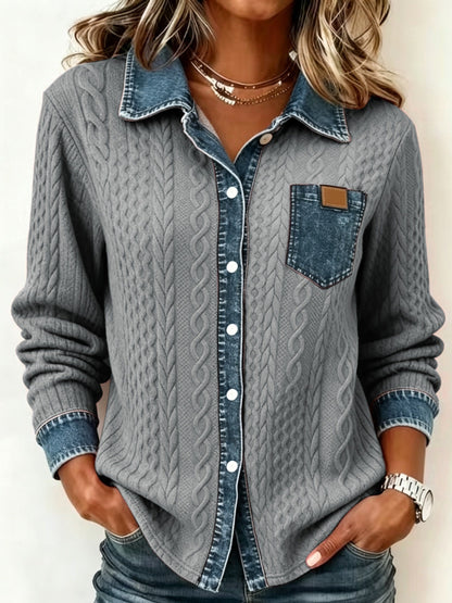 Women's Textured Contrast Pocket Button-Up Top - Gray