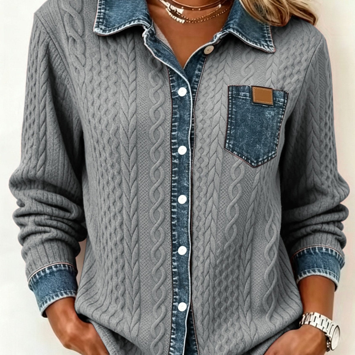 Women's Textured Contrast Pocket Button-Up Top - Gray