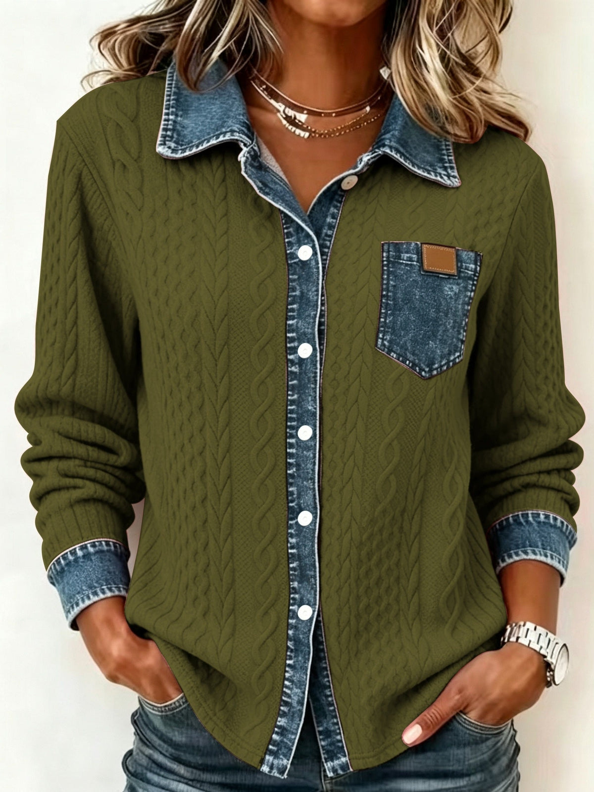 Women's Textured Contrast Pocket Button-Up Top - Olive Green