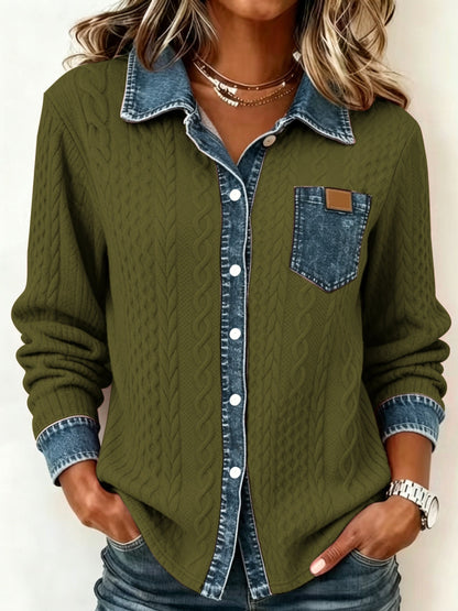 Women's Textured Contrast Pocket Button-Up Top - Olive Green