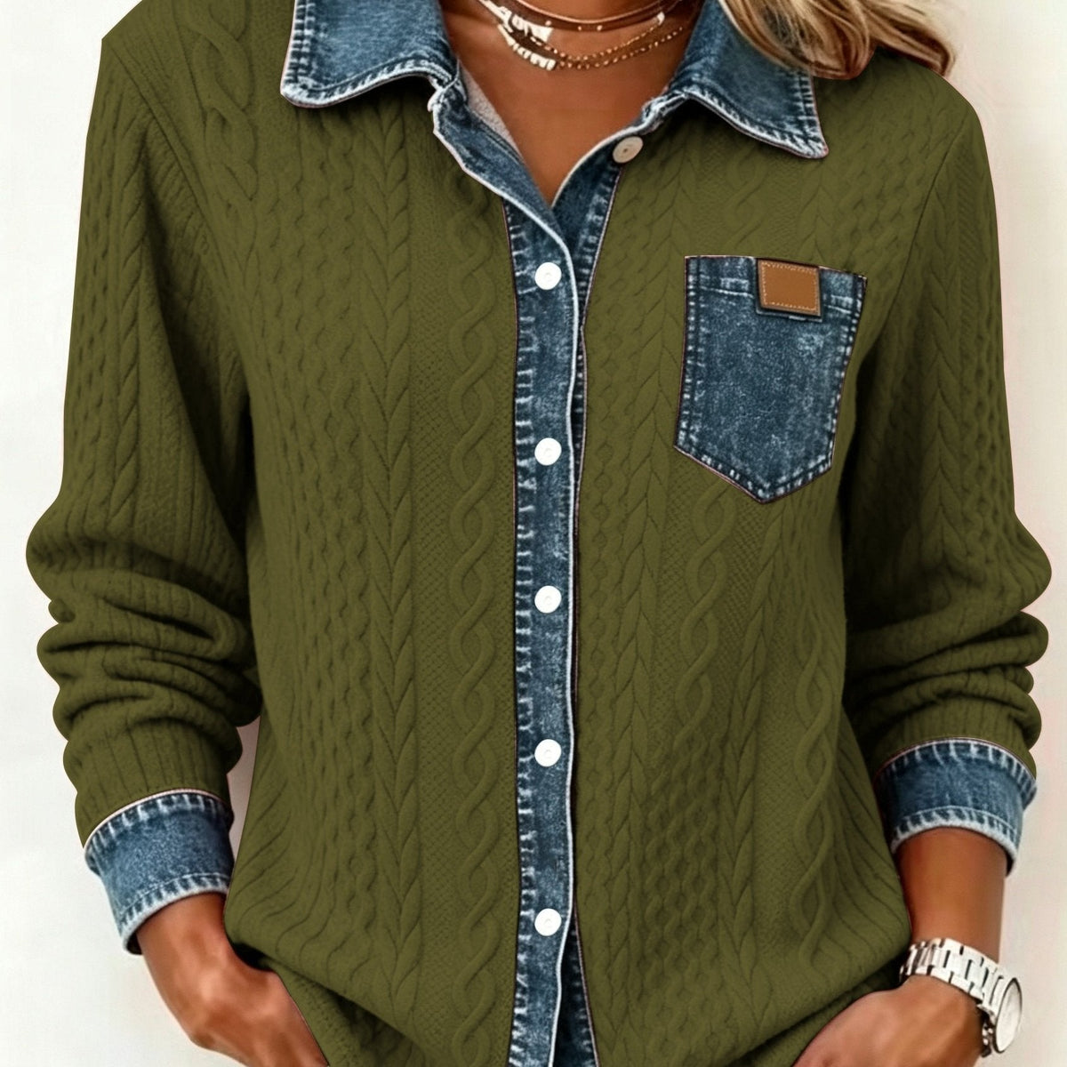 Women's Textured Contrast Pocket Button-Up Top - Olive Green