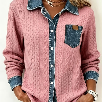 Women's Textured Contrast Pocket Button-Up Top - Pink