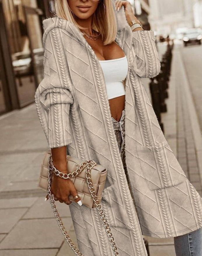 Women's Textured Hooded Long Cardigan - Beige