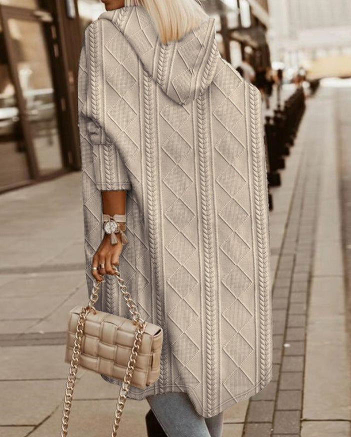 Women's Textured Hooded Long Cardigan - Beige