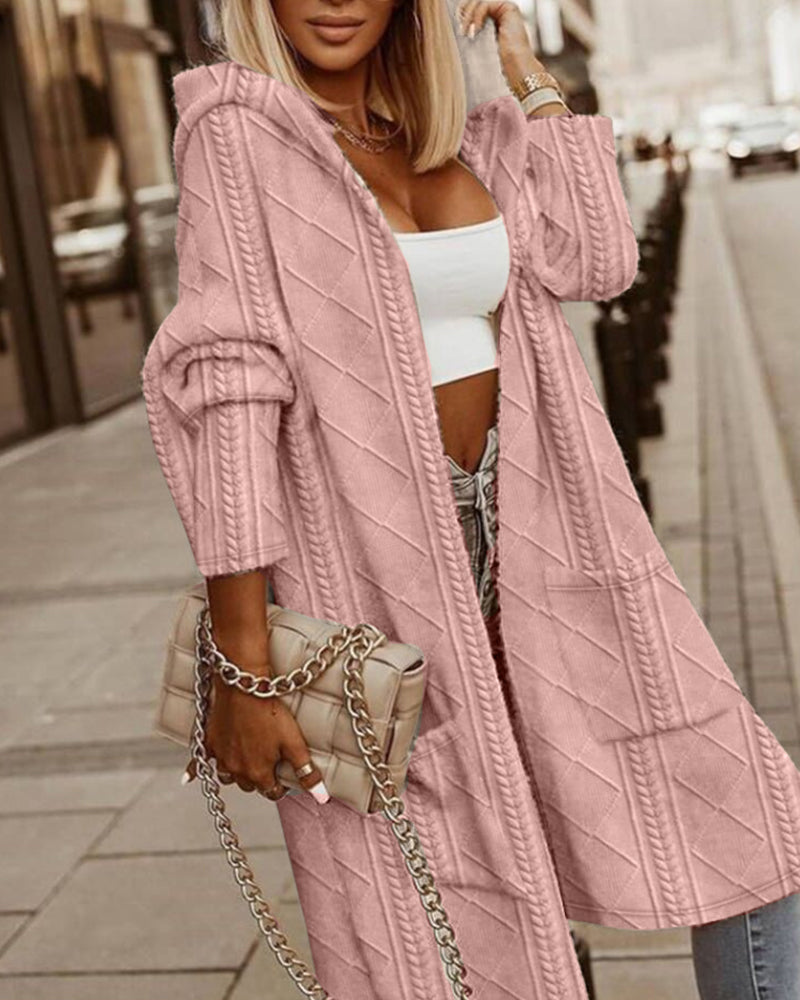 Women's Textured Hooded Long Cardigan - Pink