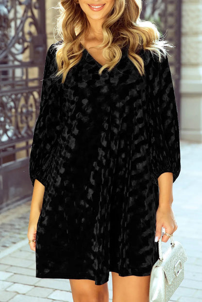 Women's Textured Velvet Balloon Sleeve Black Mini Dress - Black