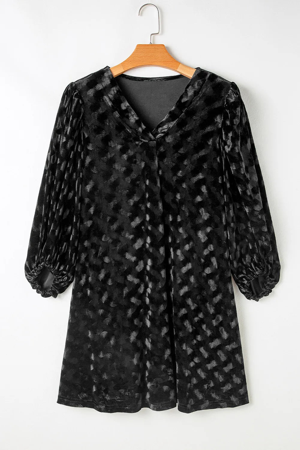Women's Textured Velvet Balloon Sleeve Black Mini Dress - Black