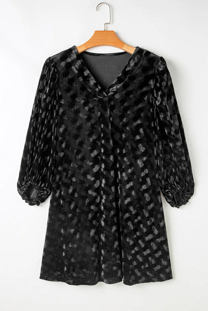 Women's Textured Velvet Balloon Sleeve Black Mini Dress - Black