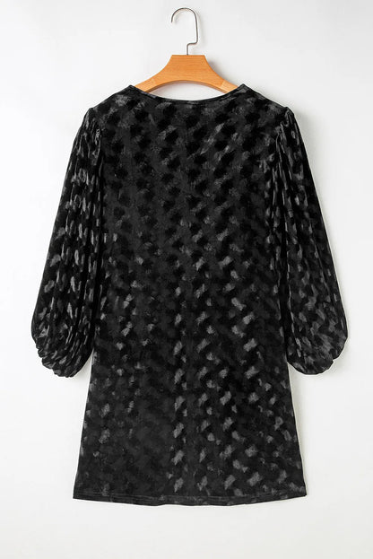 Women's Textured Velvet Balloon Sleeve Black Mini Dress - Black