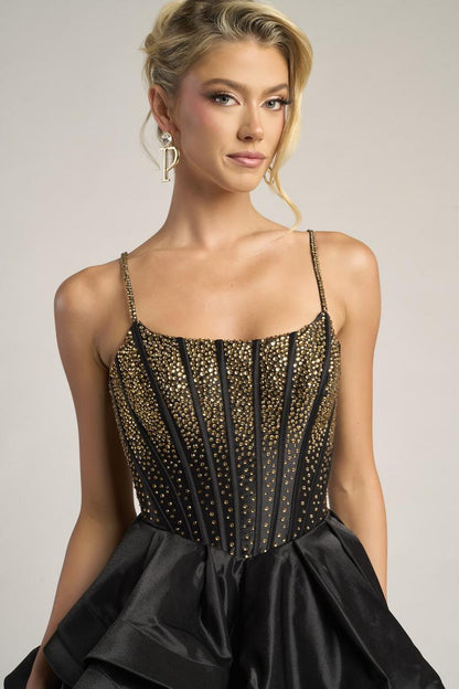 Women's Tiered Ruffle Prom Dress with Thigh-High Slit - Black and Gold