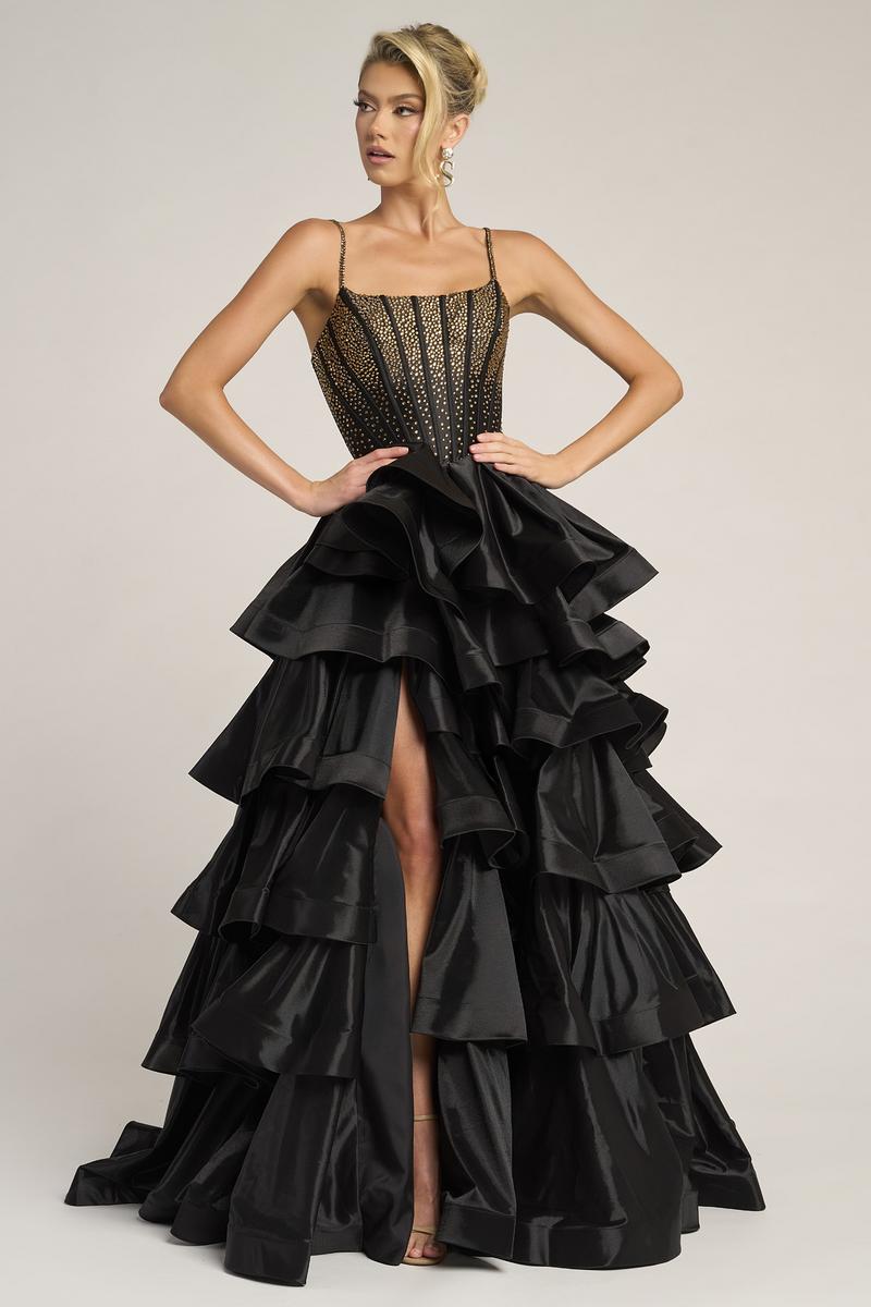 Women's Tiered Ruffle Prom Dress with Thigh-High Slit - Black and Gold