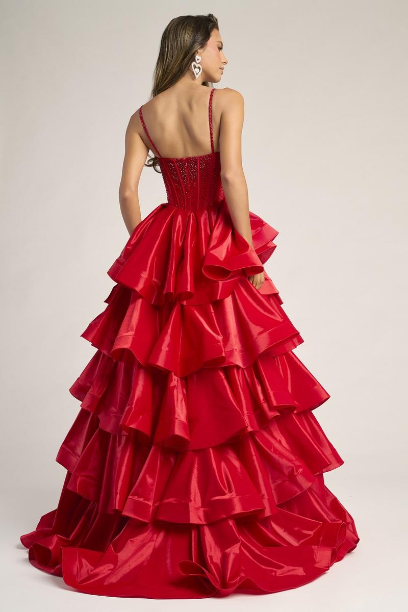 Women's Tiered Ruffle Prom Dress with Thigh-High Slit - Red