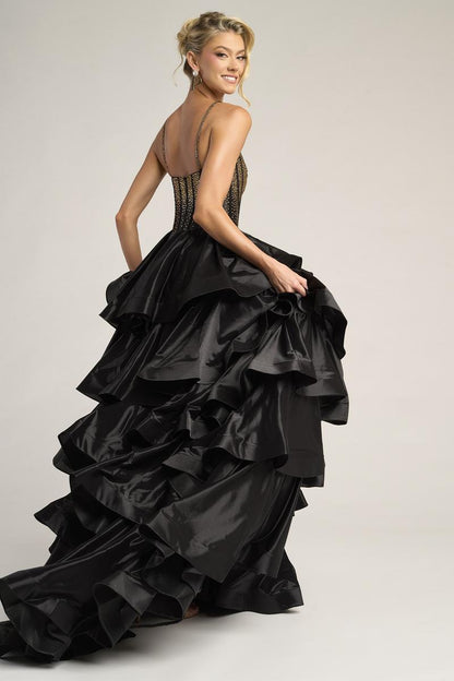 Women's Tiered Ruffle Prom Dress with Thigh-High Slit - Red