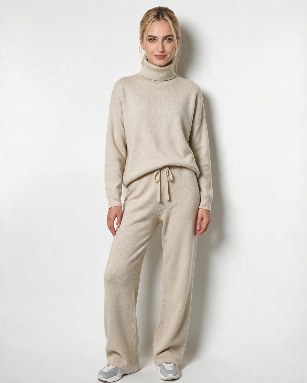 Women's Turtleneck Wide-Leg Loungewear Set - Beige