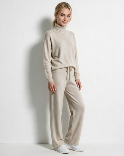 Women's Turtleneck Wide-Leg Loungewear Set - Beige