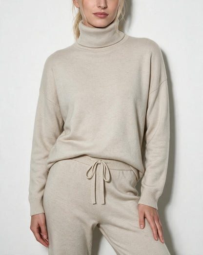 Women's Turtleneck Wide-Leg Loungewear Set - Beige