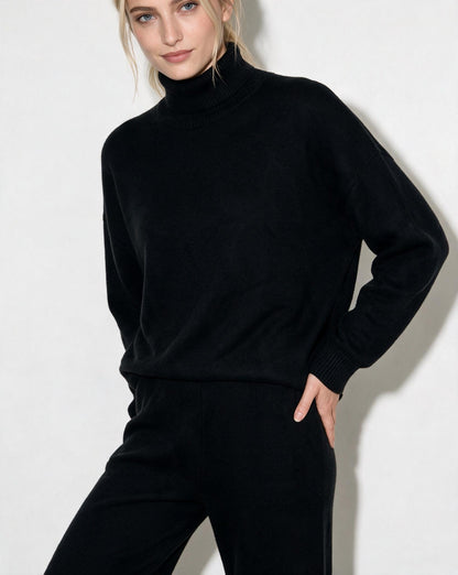 Women's Turtleneck Wide-Leg Loungewear Set - Black