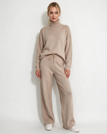 Women's Turtleneck Wide-Leg Loungewear Set - Champagne