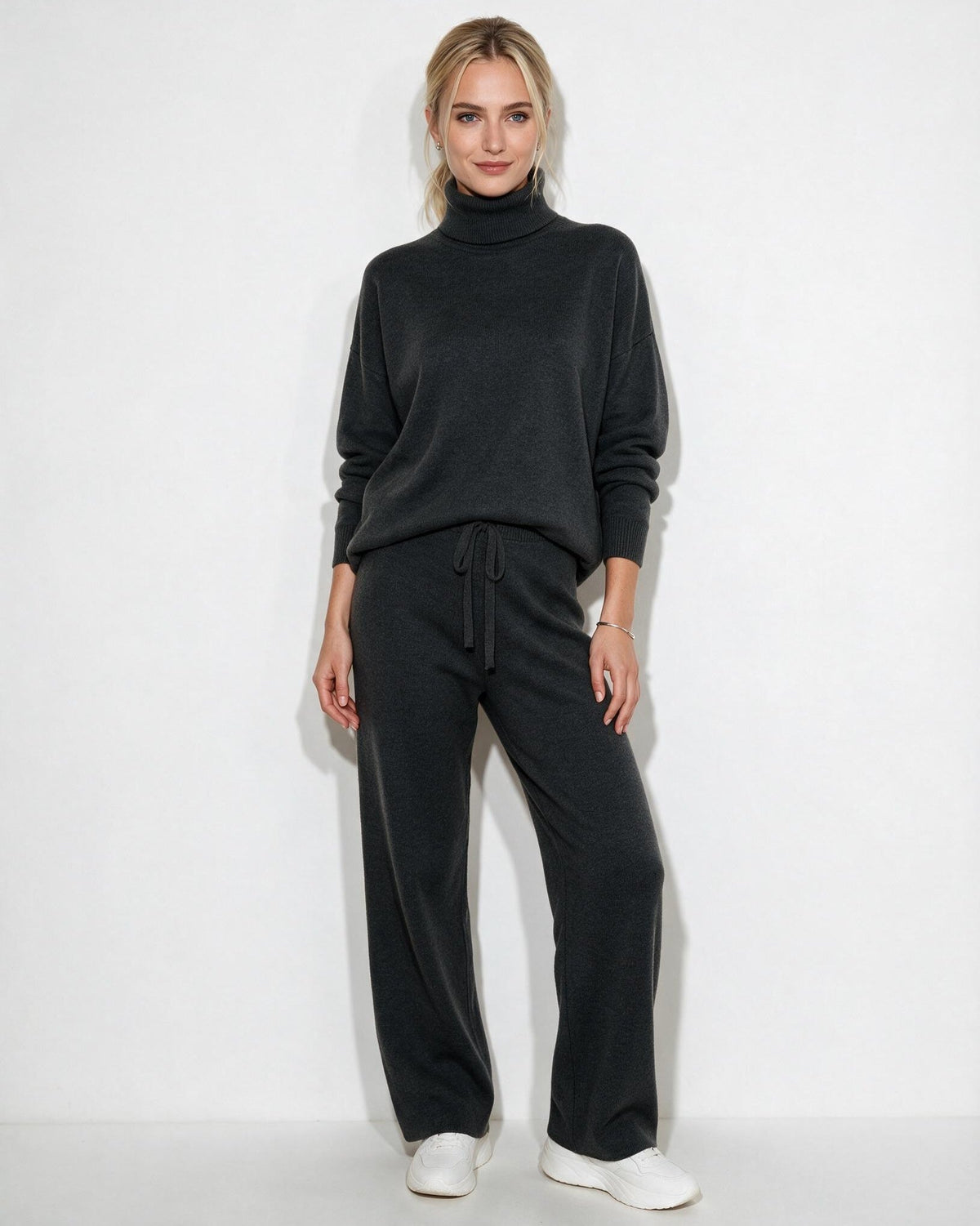 Women's Turtleneck Wide-Leg Loungewear Set - Charcoal Gray