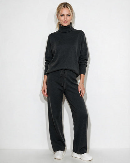 Women's Turtleneck Wide-Leg Loungewear Set - Charcoal Gray