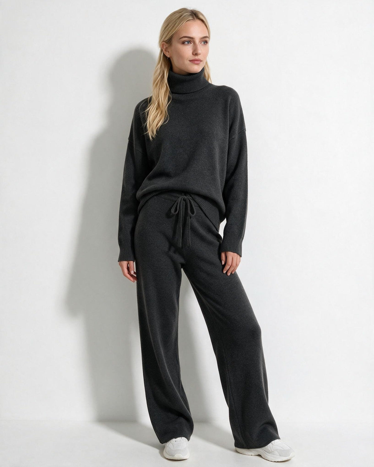 Women's Turtleneck Wide-Leg Loungewear Set - Charcoal Gray