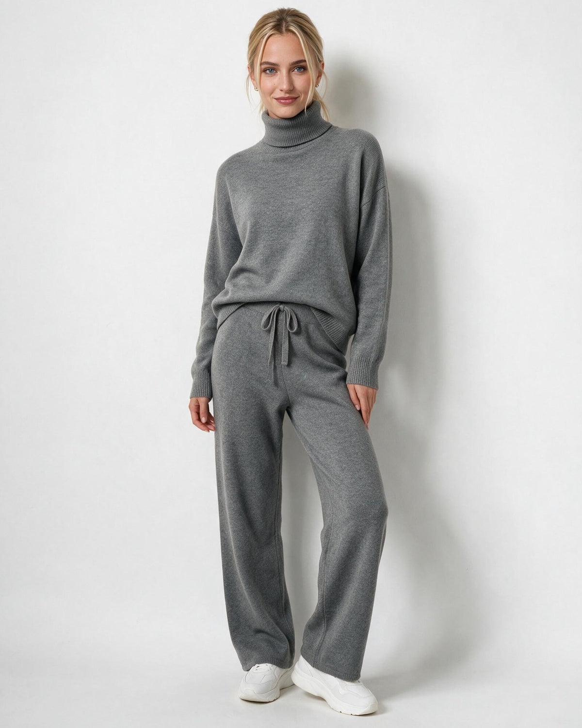 Women's Turtleneck Wide-Leg Loungewear Set - Light Gray