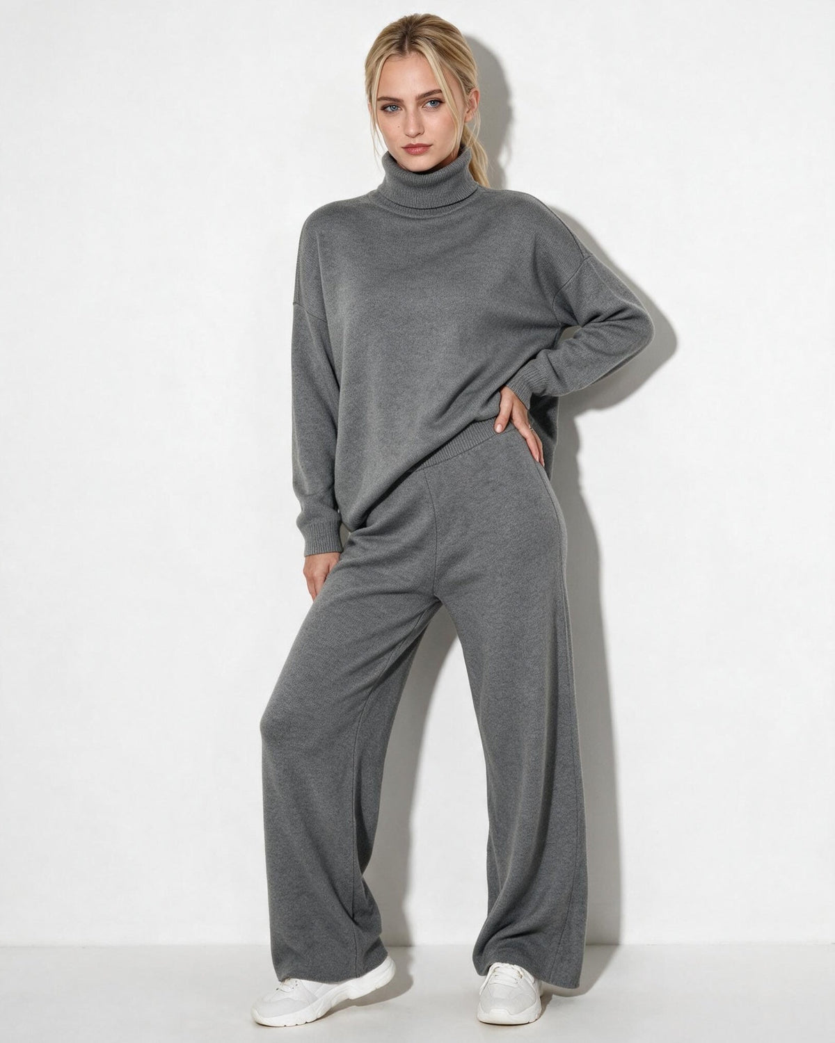 Women's Turtleneck Wide-Leg Loungewear Set - Light Gray