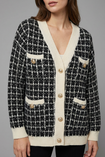 Women's Tweed-Style Checked V-Neck Cardigan - Black