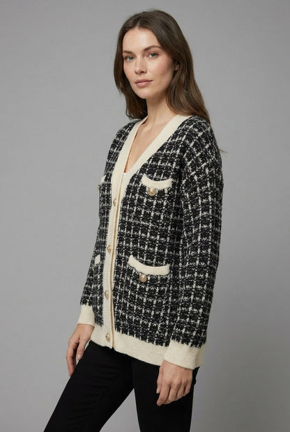 Women's Tweed-Style Checked V-Neck Cardigan - Black