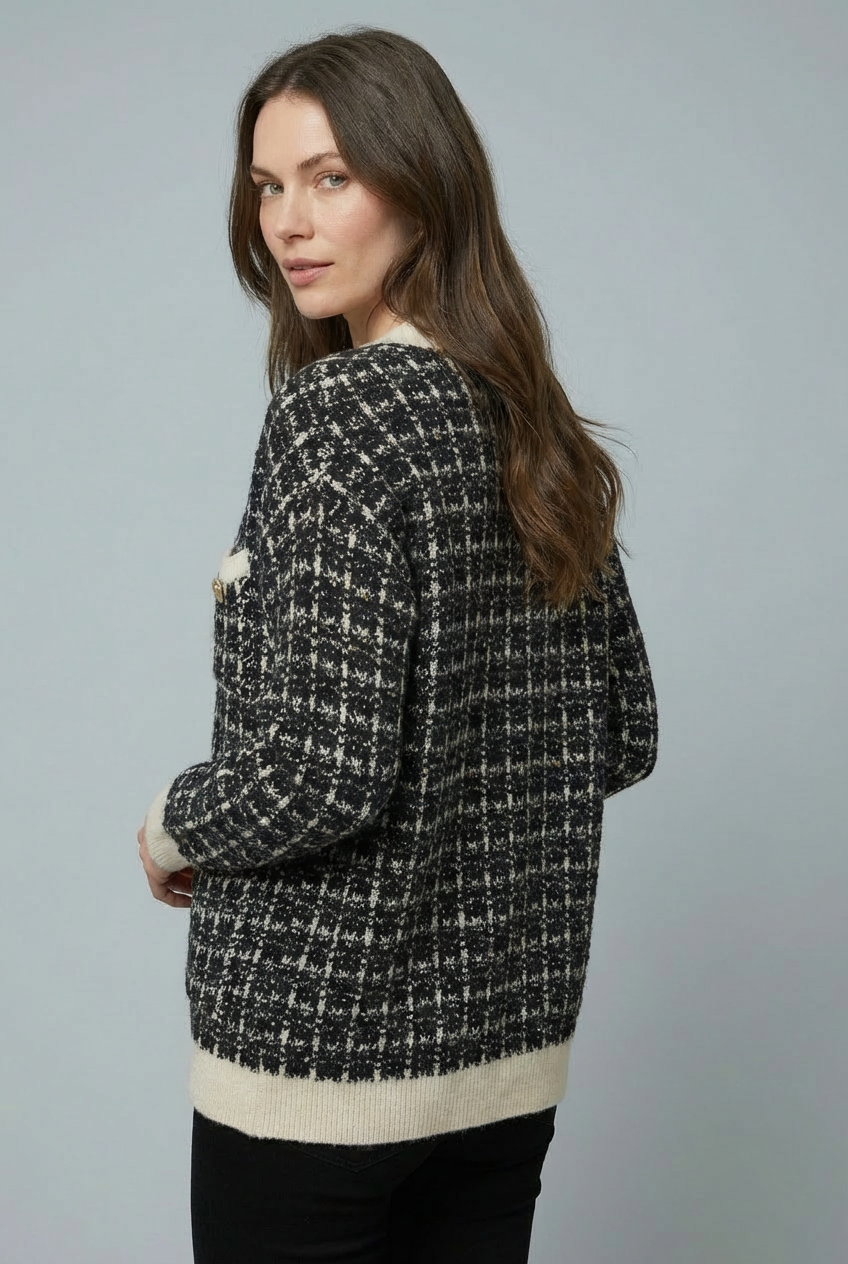 Women's Tweed-Style Checked V-Neck Cardigan - Black