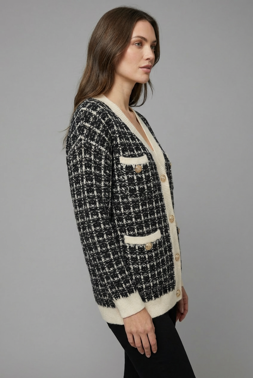 Women's Tweed-Style Checked V-Neck Cardigan - Black