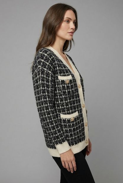 Women's Tweed-Style Checked V-Neck Cardigan - Black