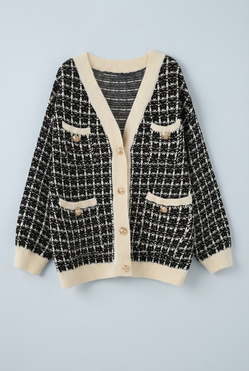 Women's Tweed-Style Checked V-Neck Cardigan - Black