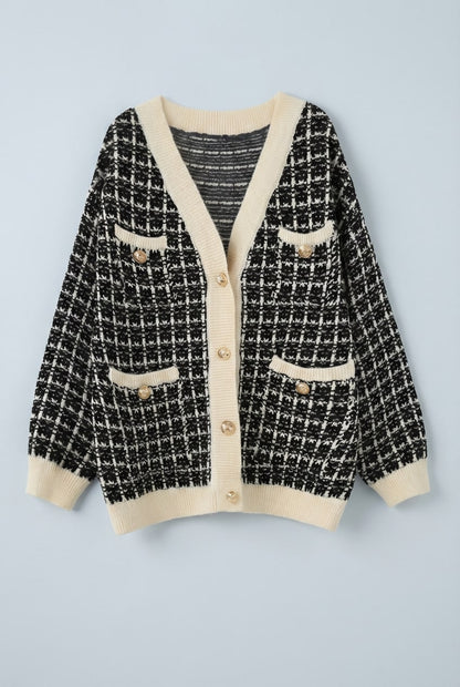 Women's Tweed-Style Checked V-Neck Cardigan - Black