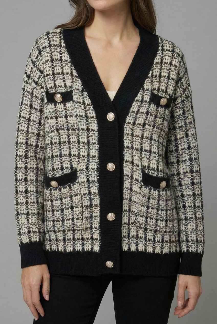 Women's Tweed-Style Checked V-Neck Cardigan - Black