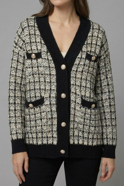 Women's Tweed-Style Checked V-Neck Cardigan - Black