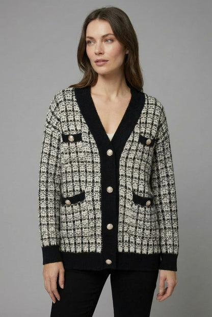Women's Tweed-Style Checked V-Neck Cardigan - Black