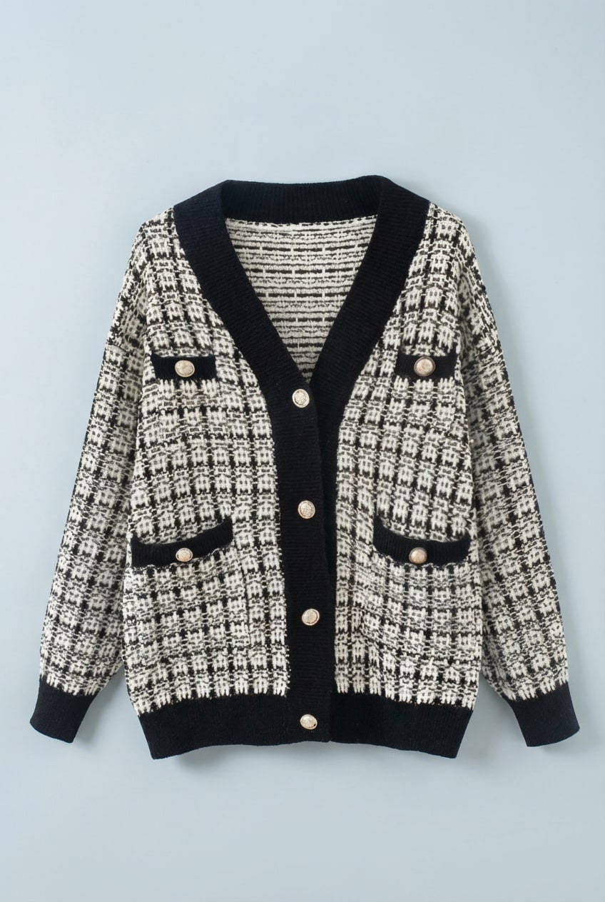 Women's Tweed-Style Checked V-Neck Cardigan - Ivory