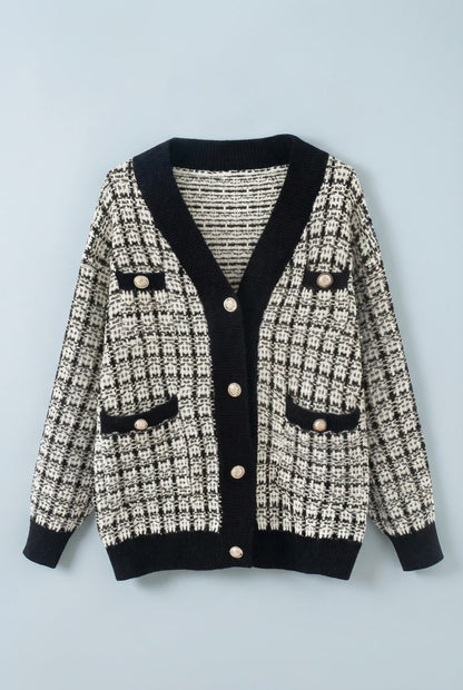 Women's Tweed-Style Checked V-Neck Cardigan - Ivory