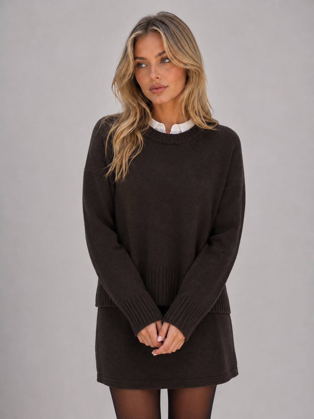 Women's Two-Piece Knit Sweater Skirt Set - Brown