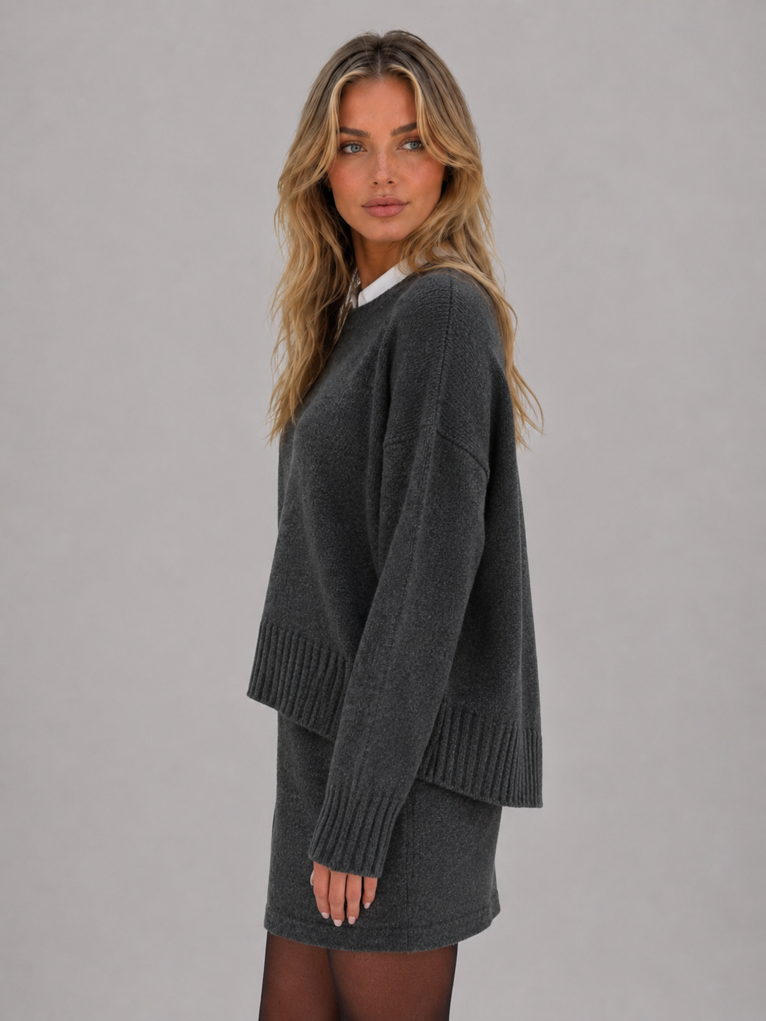 Women's Two-Piece Knit Sweater Skirt Set - Gray