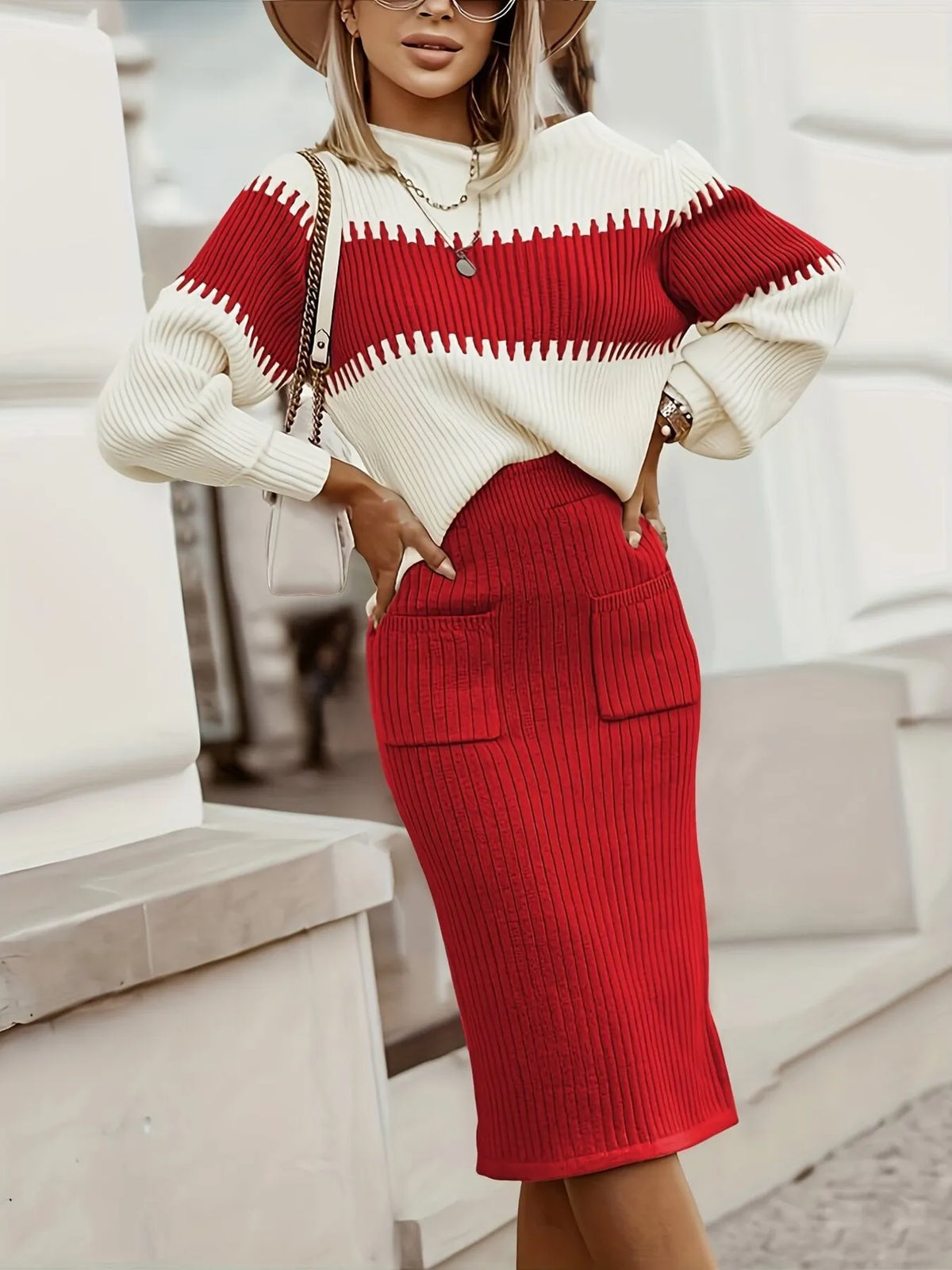Women's Two-Tone Ribbed Knit Sweater and Skirt Set - Red