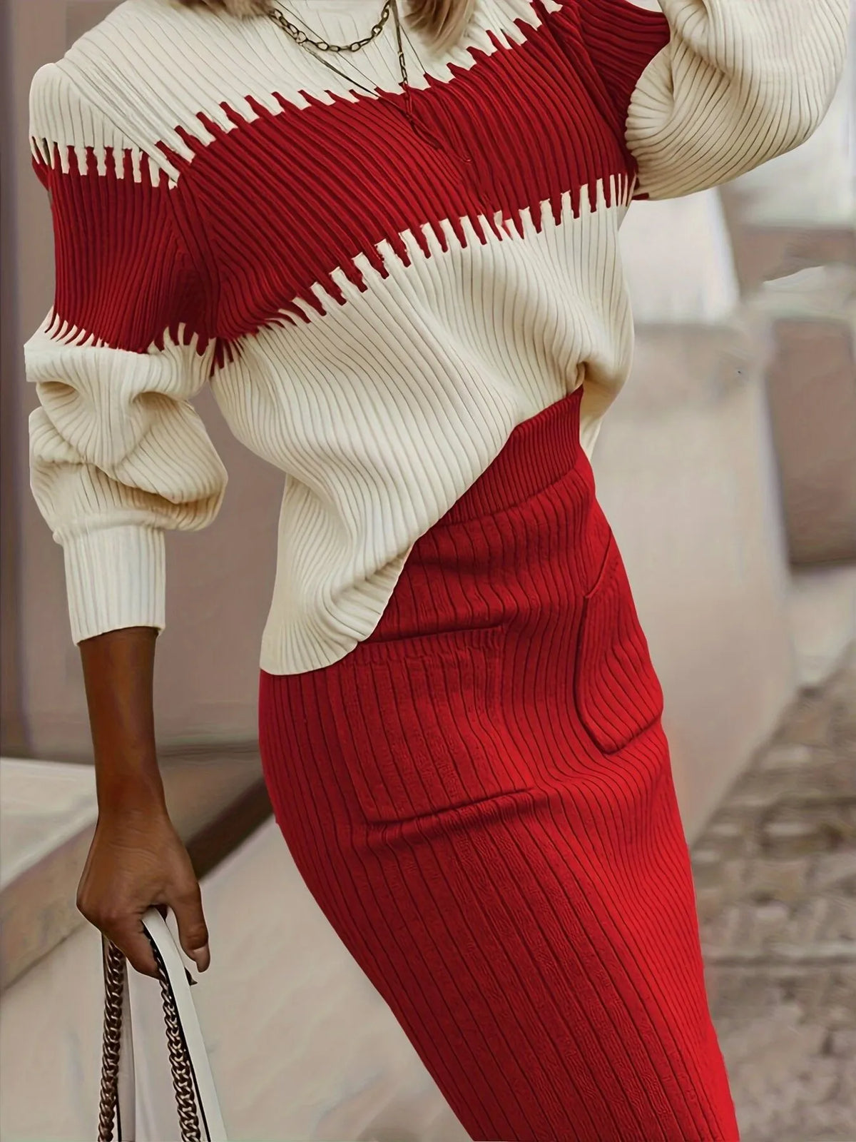 Women's Two-Tone Ribbed Knit Sweater and Skirt Set - Red