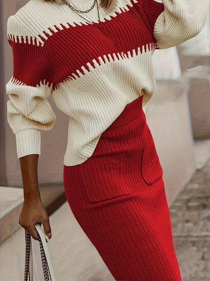 Women's Two-Tone Ribbed Knit Sweater and Skirt Set - Red